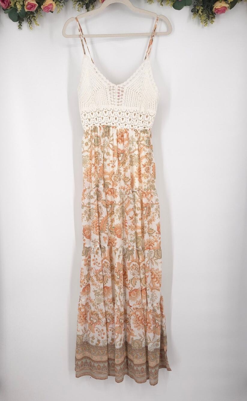 Flying Tomato Ivory Crochet-top Spaghetti Strap Floral Maxi Dress Size Medium